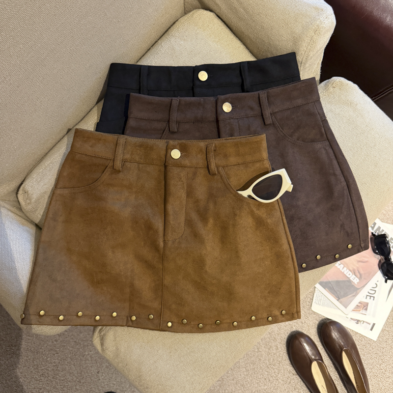 2026 Autumn Winter Sweet Cool Edgy Suede Studded A-Line Mini Skirt
