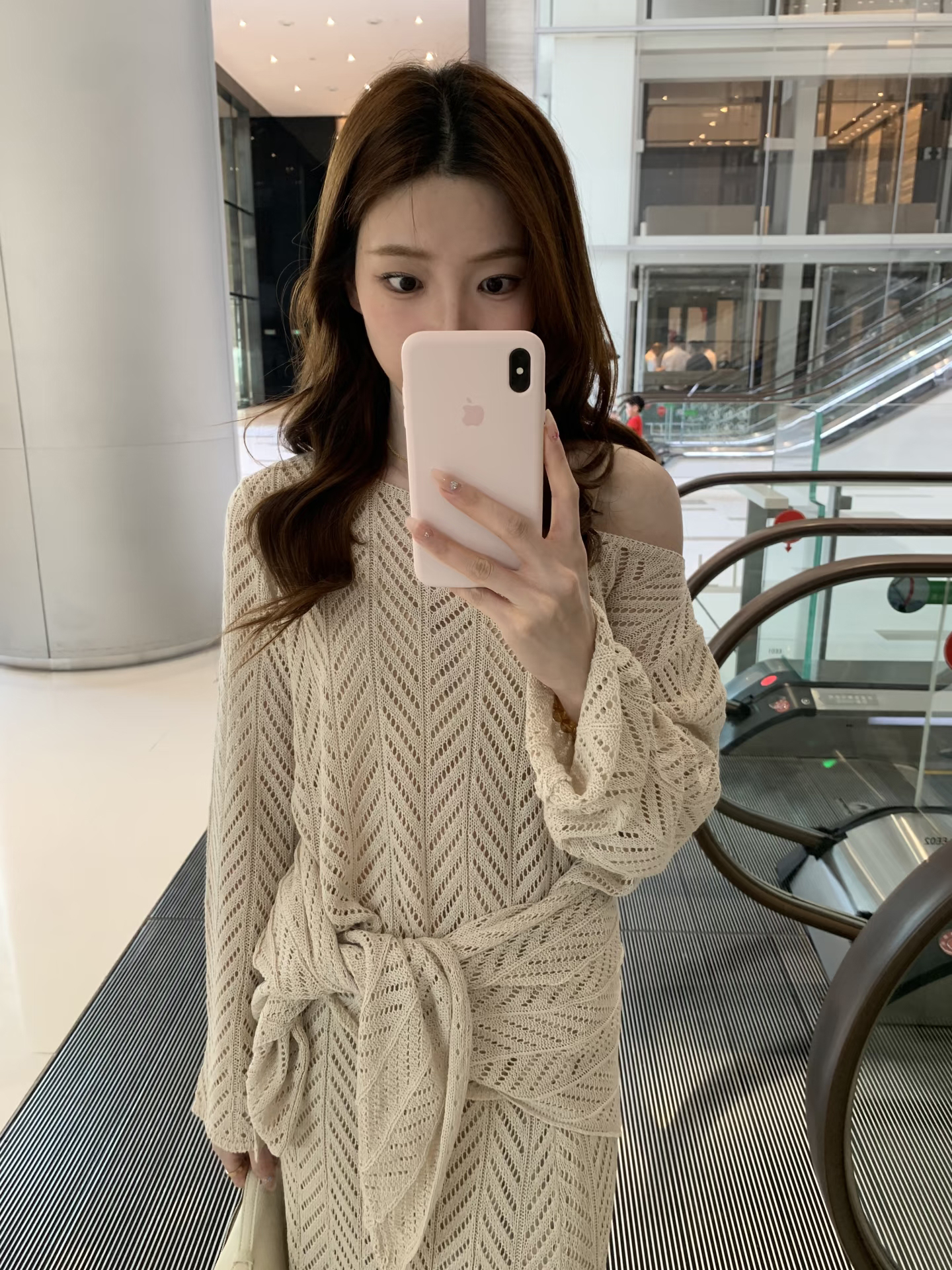 French Openwork Knit Sweater Half Skirt and Shawl Beige Three Piece Set