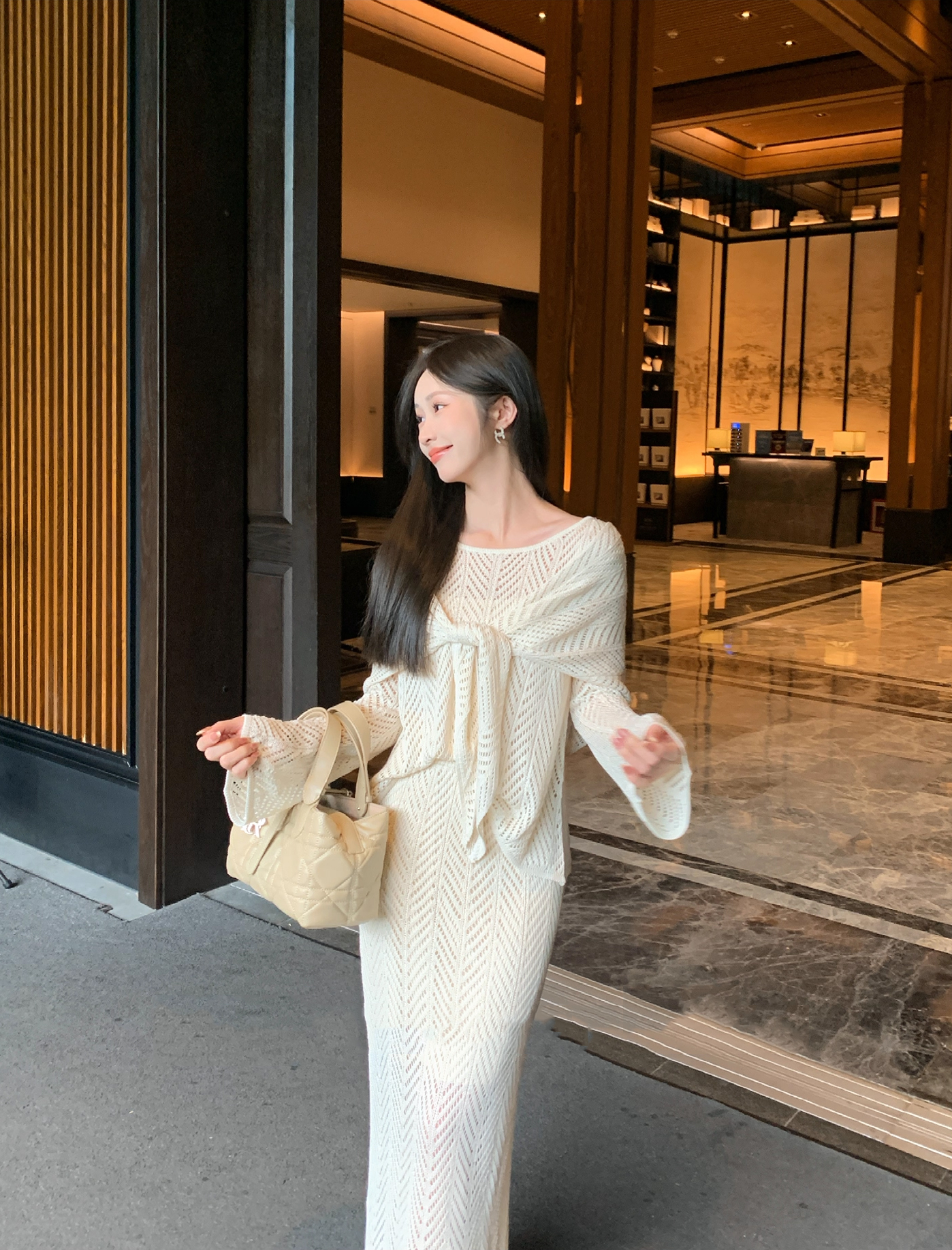 French Style Cutout Knit Three Piece Set for Women with Flared Long Sleeve Top and Adjustable Shawl Skirt in Linen Apricot