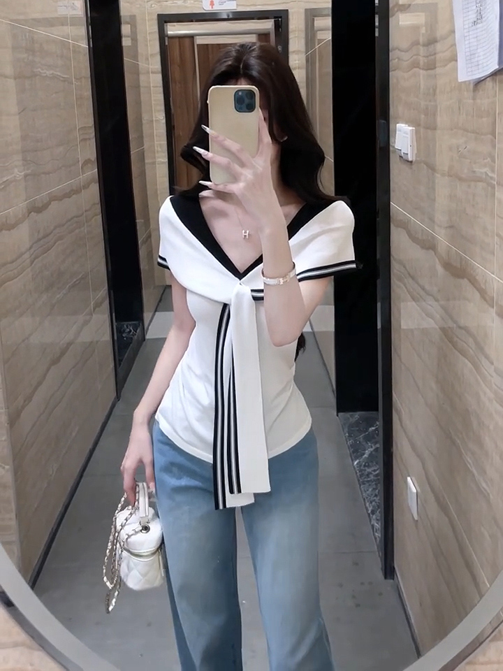 Navy Collar Sleeveless Accordion Knit Top for Women Summer French Style White - Style f7d629