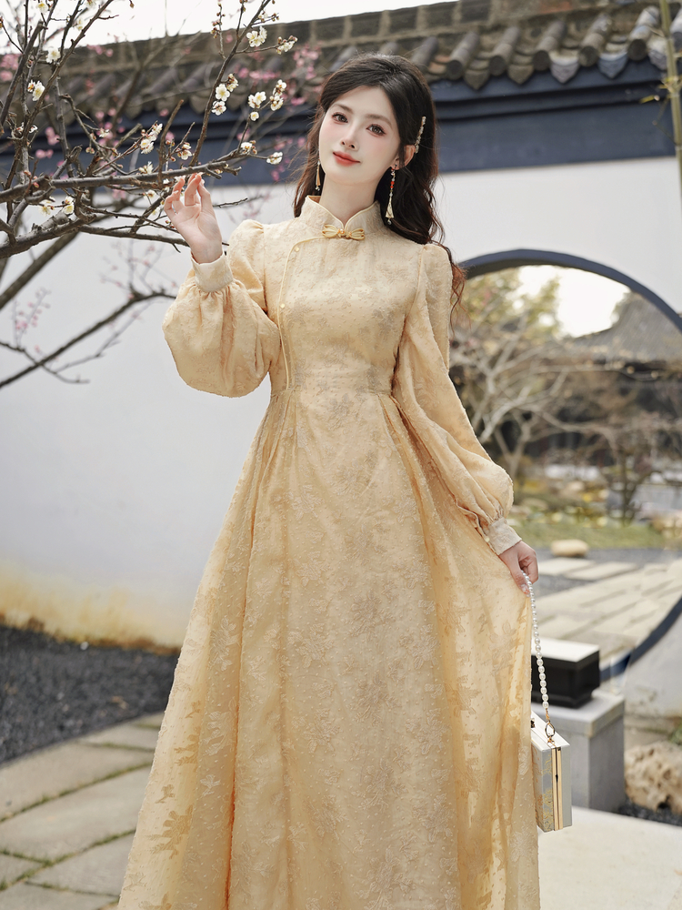 New Chinese Style A-Line Long Dress with Stand Collar and Long Sleeves - Style 6b39ee