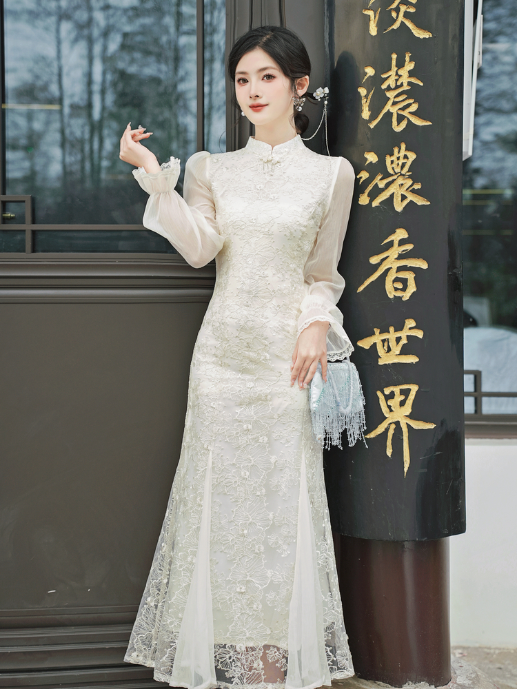 New Chinese Style Embroidered Fishtail Long Sleeve Dress - Style 3dd0ef