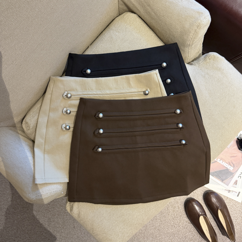 Real Shot Autumn Heavy Work Napoleon Button Bronze Khaki Short Skirt Women Double Breasted Washed Cotton Low Waist Pants Skirt