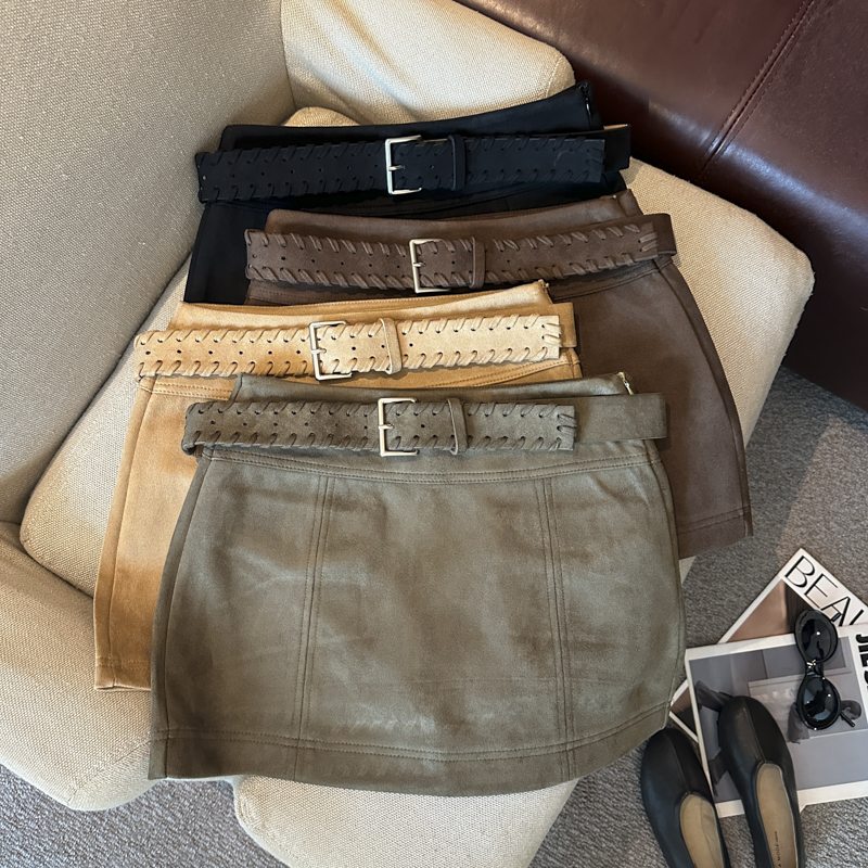 Retro Suede A-Line Mini Skirt for Women 2026 Autumn Winter High Waist Anti-Exposure Bodycon Short Skirt with Belt