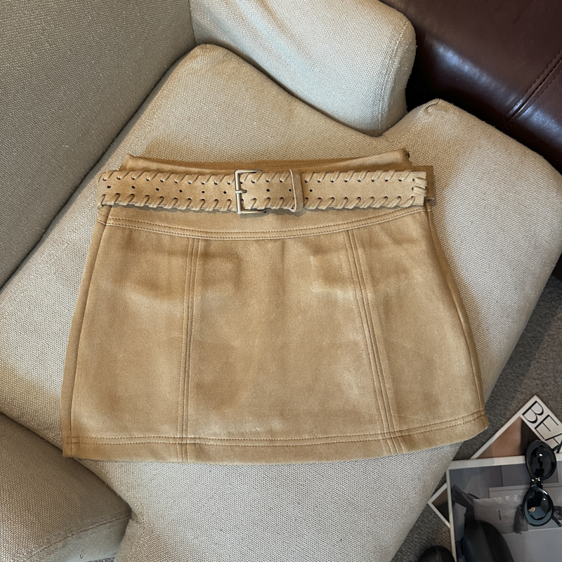Retro Suede A-Line Mini Skirt for Women 2026 Autumn Winter High Waist Anti-Exposure Bodycon Short Skirt with Belt - Image 4