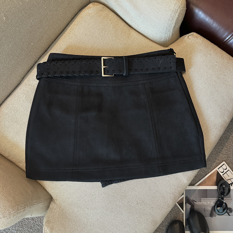 Retro Suede A-Line Mini Skirt for Women 2026 Autumn Winter High Waist Anti-Exposure Bodycon Short Skirt with Belt - Image 5