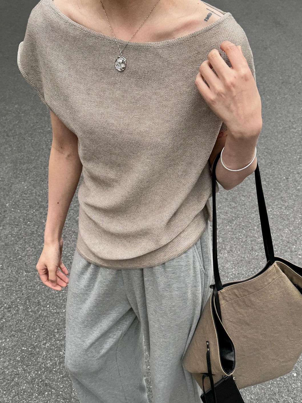 Summer Wool Linen One-Shoulder Two-Way Knit Top Short Sleeve Women's