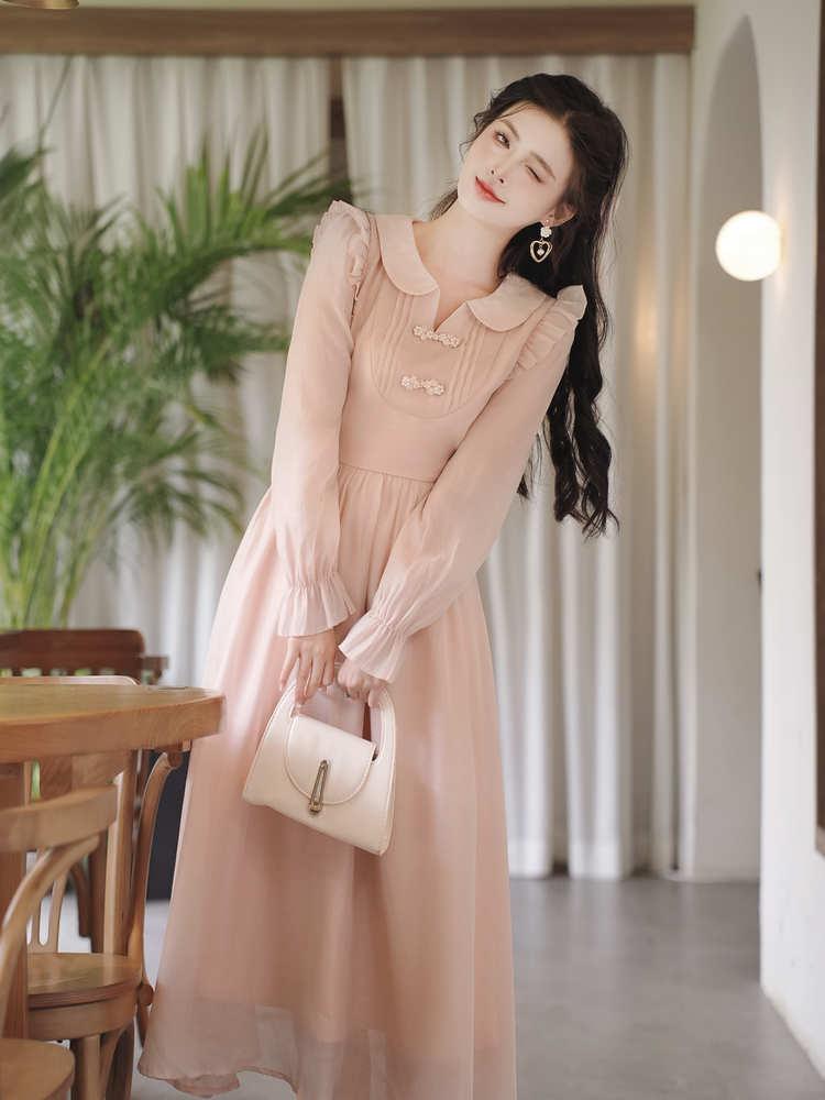 Tencel Long Sleeve Doll Collar A-Line Dress with Button Detail