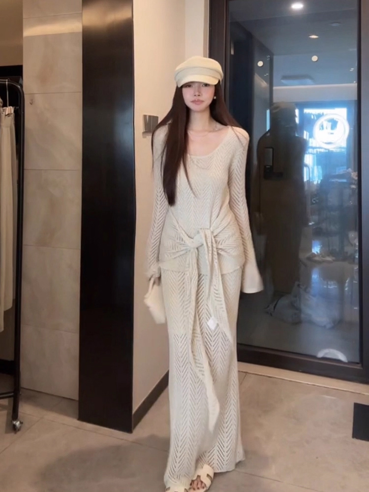 Women's 3-Piece Knit Sweater Set with Cutout Lace-Up Top and Skirt 2025 Early Autumn