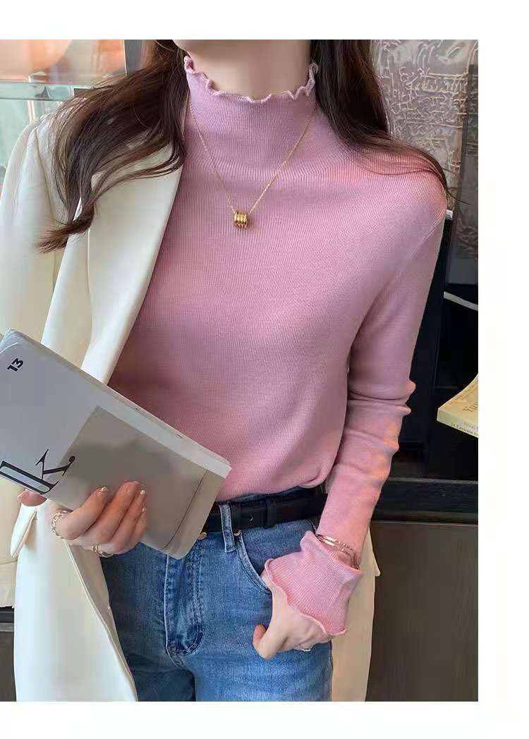 Women's Knit Base Layer Top 2026 Autumn Slim Fit Long Sleeve T-Shirt with Ruffle Trim