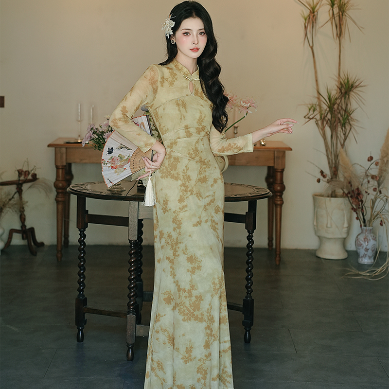 Zen Style Qipao Dress Light Yellow Green Long Knit Dress